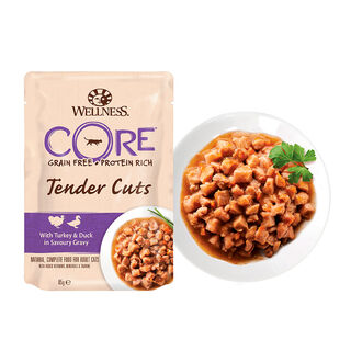 Wellness Core Tender Cuts frango e peru saquetas para gatos