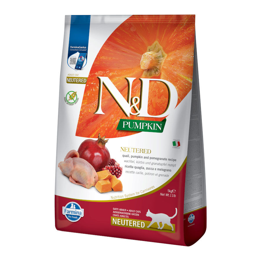 5 kg Farmina N&D Esterilizado Ra&ccedil;&atilde;o de codorniz. ab&oacute;bora e rom&atilde; para gatos, , large Imagem n&uacute;mero 1