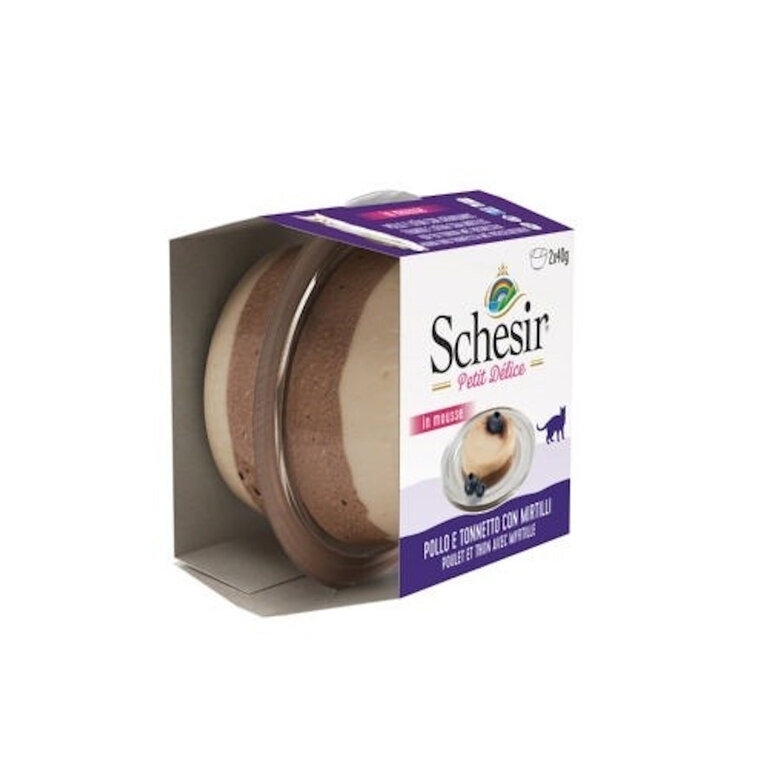 2 saquetas x 40 g Schesir Petit Délice Mousse de Frango com Atum e Mirtilos terrina para gatos.,  Imagem número 2 2 saquetas x 40 g Schesir Petit Délice Mousse de Frango com Atum e Mirtilos terrina para gatos., , large Imagem número 2