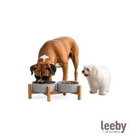 Leeby Comedouro Duplo em Cer&acirc;mica com Suporte de Madeira para c&atilde;es