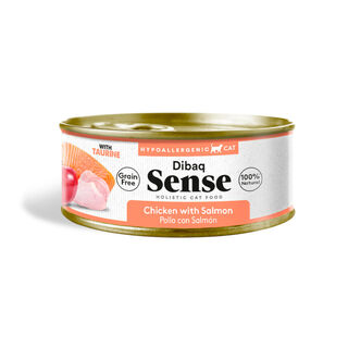 Lata de frango e salmão hipoalergênico sem grãos Dibaq Sense para gatos