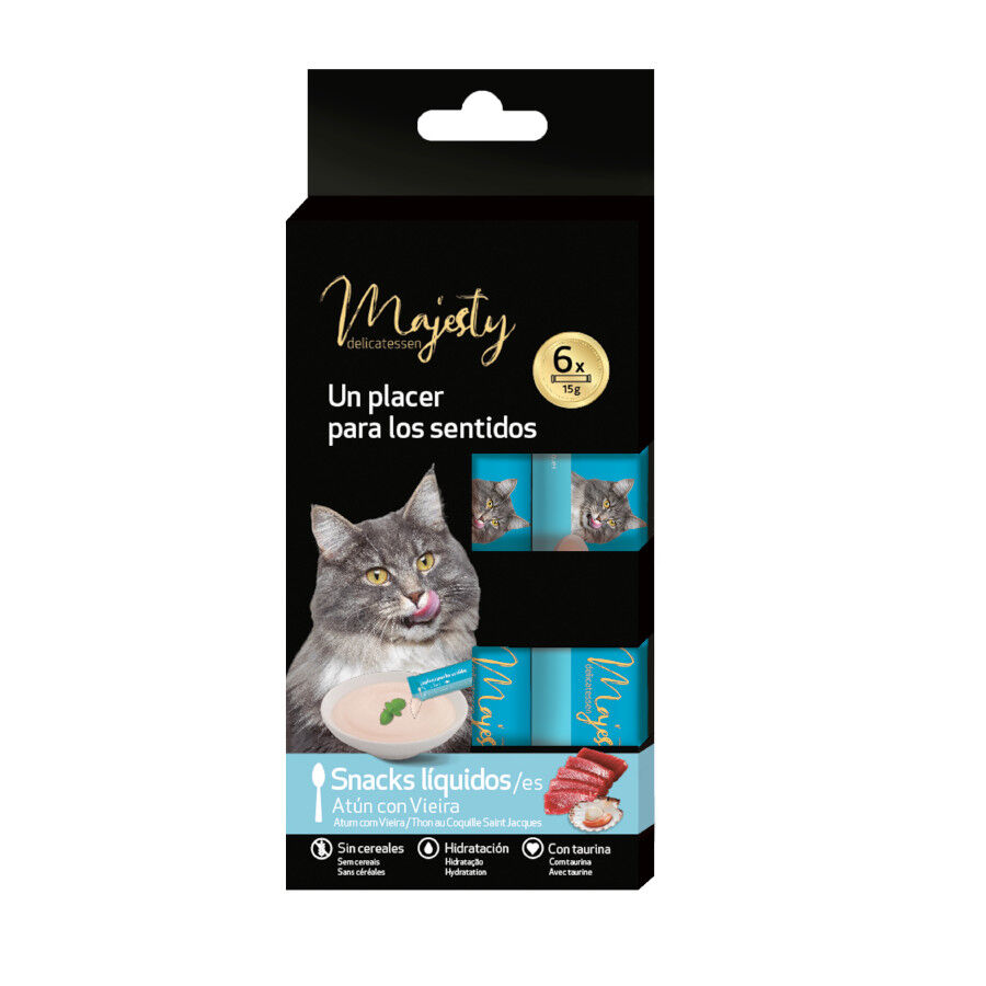 6 saquetas x 15 g Majesty Snack L&iacute;quido de Atum com Vieira para gatos, , large Imagem n&uacute;mero 1