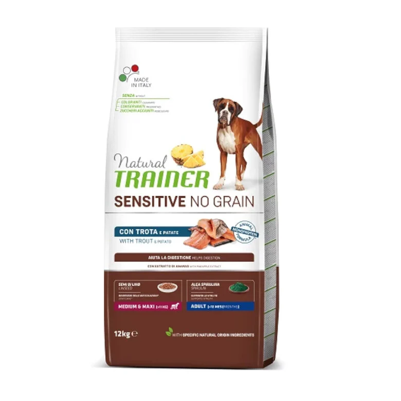 12 kg Natural Trainer Medium & Maxi Sensitive No Grain Ração de truta e batata para cães,  Imagem número 1 12 kg Natural Trainer Medium & Maxi Sensitive No Grain Ração de truta e batata para cães, , large Imagem número 1