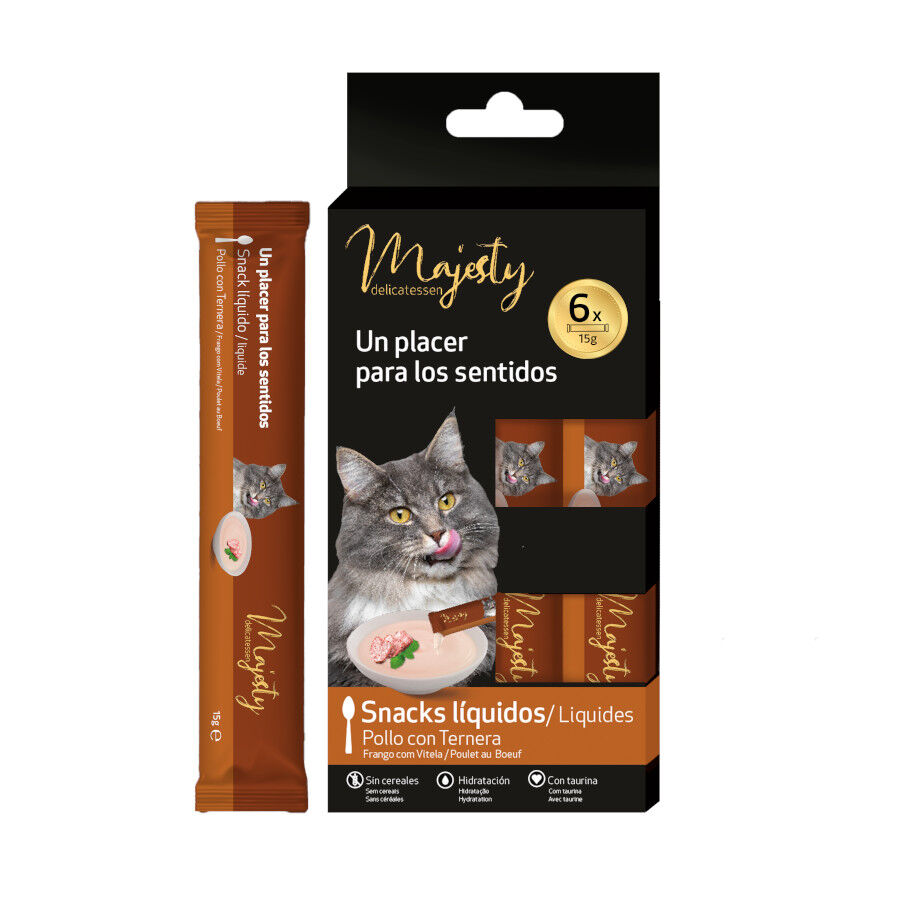6 saquetas x 15 g Majesty Petisco l&iacute;quido para gatos Chicken com Carne, , large Imagem n&uacute;mero 1