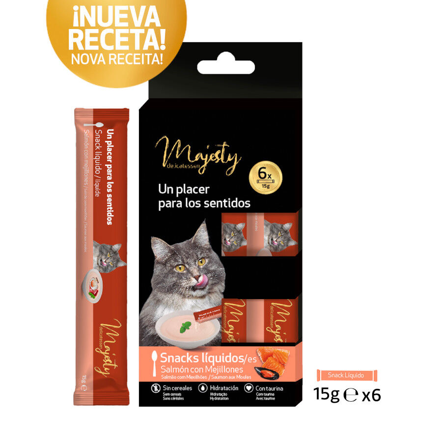 6 saquetas x 15 g Majesty Snack L&iacute;quido de Salm&atilde;o com Mexilh&otilde;es para gatos, , large Imagem n&uacute;mero 2