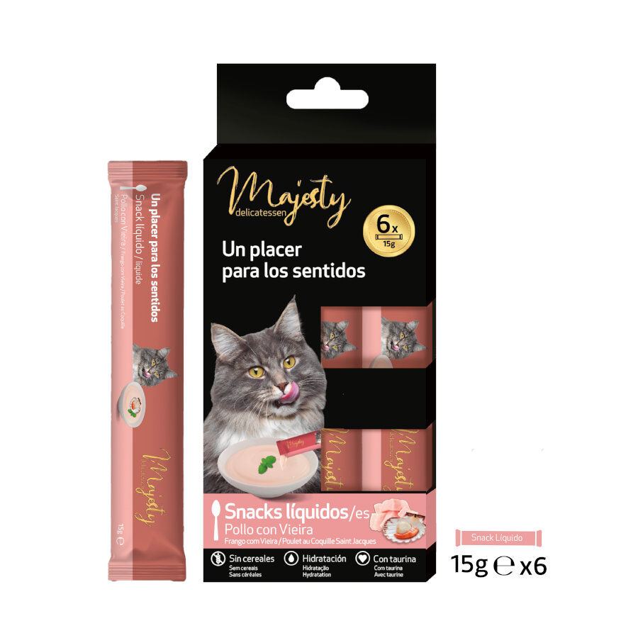 6 saquetas x 15 g Majesty Snack l&iacute;quido Chicken and Scallop para gatos, , large Imagem n&uacute;mero 1