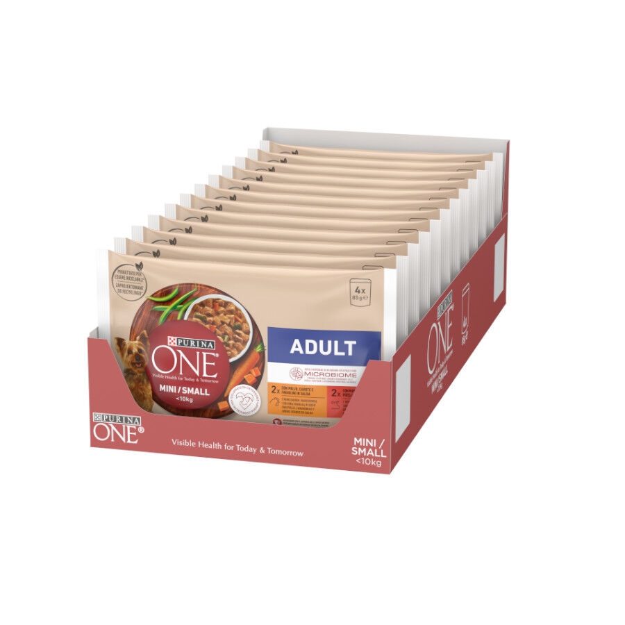 4 saquetas x 85 g Purina One Mini Adult Frango e Boi saqueta para c&atilde;es, , large Imagem n&uacute;mero 1