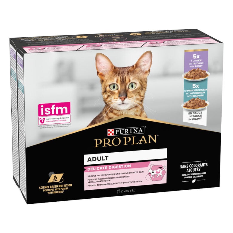 10 saquetas x 85 g Pro Plan Adult Delicate Digestion Peru e Peixe do Oceano em Molho saquetas para gatos - Multipack,  Imagem número 1 10 saquetas x 85 g Pro Plan Adult Delicate Digestion Peru e Peixe do Oceano em Molho saquetas para gatos - Multipack, , large Imagem número 1