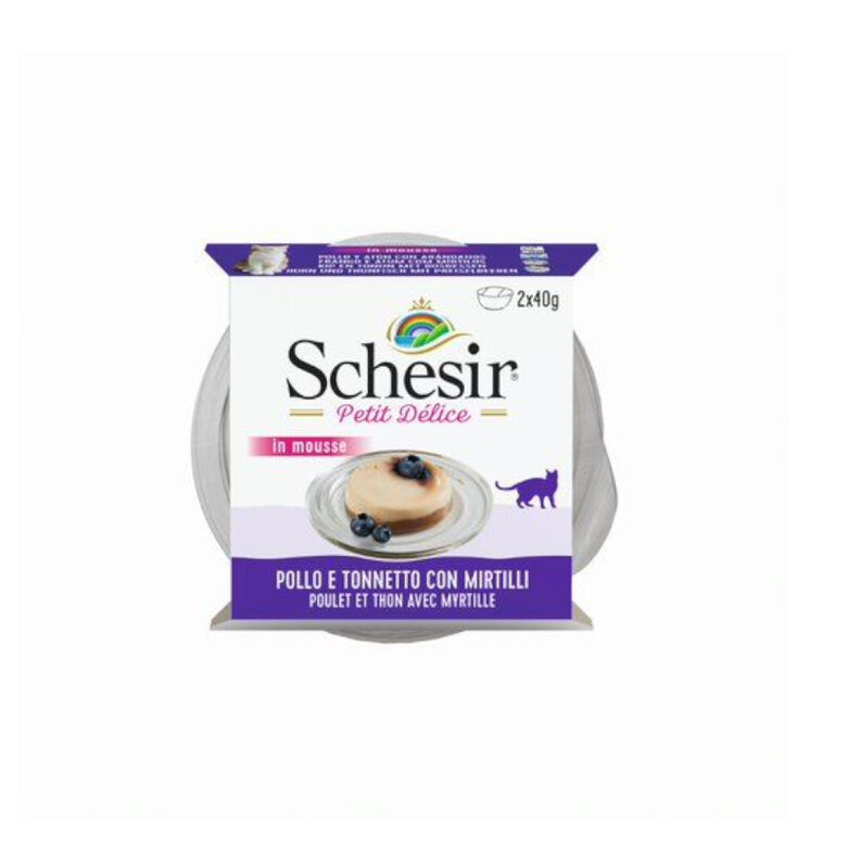 2 saquetas x 40 g Schesir Petit Délice Mousse de Frango com Atum e Mirtilos terrina para gatos.,  Imagem número 1 2 saquetas x 40 g Schesir Petit Délice Mousse de Frango com Atum e Mirtilos terrina para gatos., , large Imagem número 1