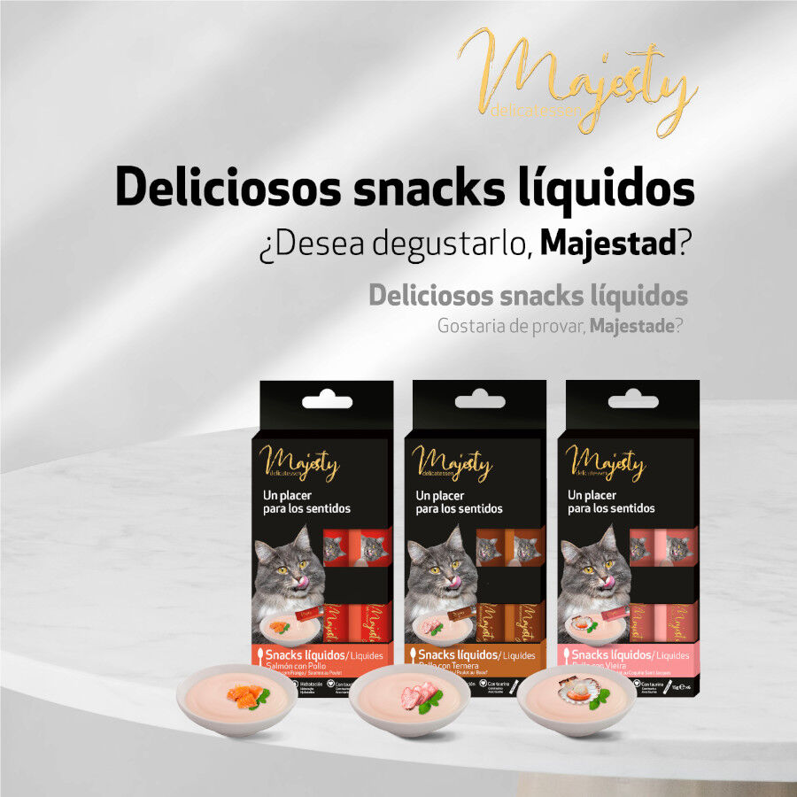 6 saquetas x 15 g Majesty Salm&atilde;o com Frango snack l&iacute;quido para gatos, , large Imagem n&uacute;mero 3