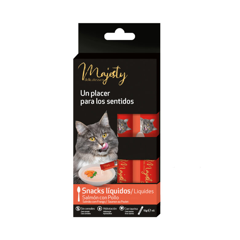 6 saquetas x 15 g Majesty Salmão com Frango snack líquido para gatos,  Imagem número 2 6 saquetas x 15 g Majesty Salmão com Frango snack líquido para gatos, , large Imagem número 2
