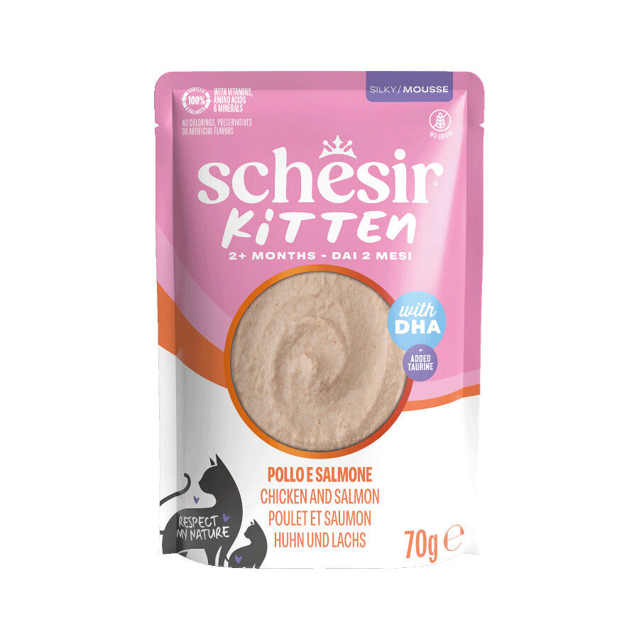 Schesir Kitten Comida h&uacute;mida de frango e salm&atilde;o com DHA em saquetas para gatos, , large Imagem n&uacute;mero 1