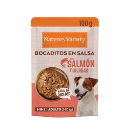 Nature's Variety Comida h&uacute;mida de salm&atilde;o em saqueta em molho para c&atilde;es adultos mini