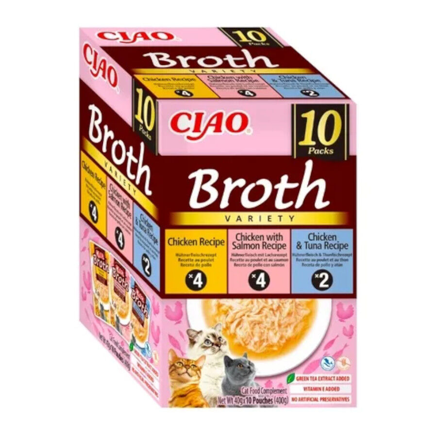 10 saquetas x 40 g Ciao Broth Multipack Sopa de frango, salm&atilde;o e atum para gatos, , large Imagem n&uacute;mero 1