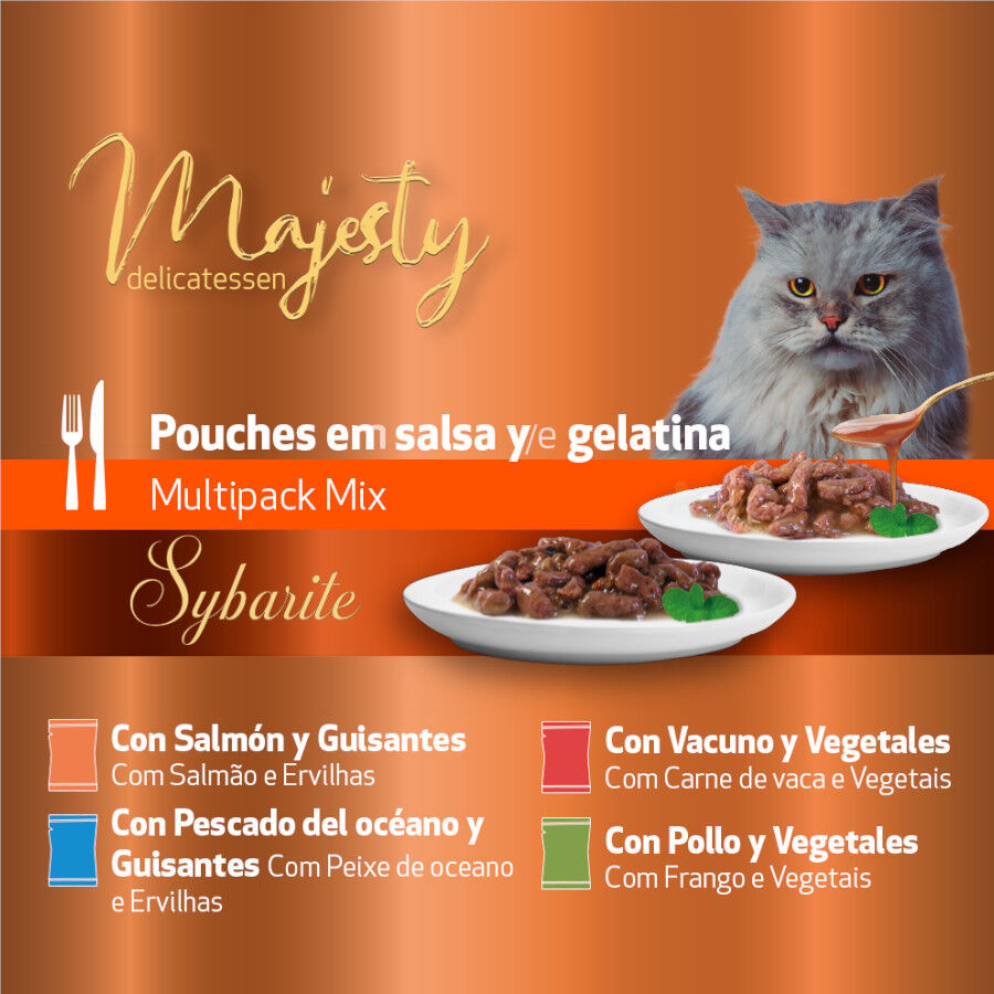 96 saquetas x 100 g Majesty Multipack Comida h&uacute;mida de peixe e carne em saquetas para gatos, , large Imagem n&uacute;mero 3