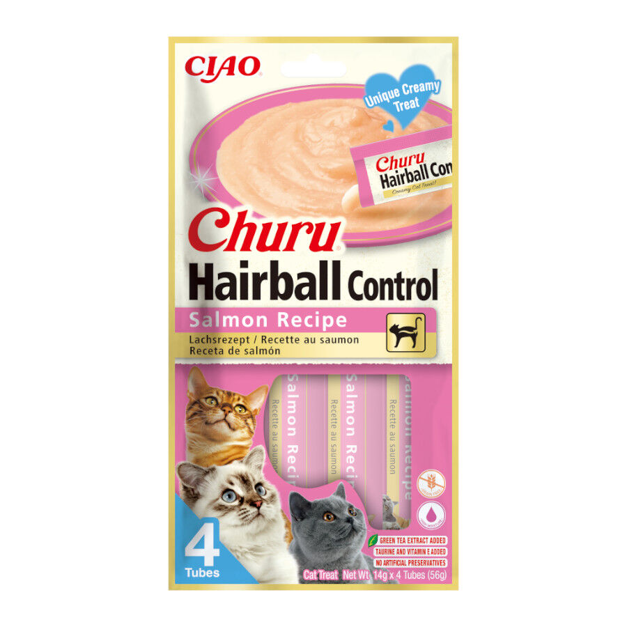 4 saquetas x 14 g Churu Hairball Control Salm&atilde;o para gatos, , large Imagem n&uacute;mero 1