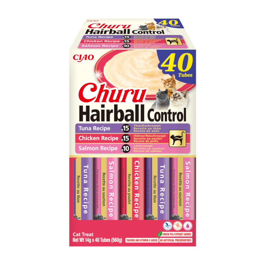 40 saquetas x 14 g Churu Hairball Multipack Salm&atilde;o para gatos, , large Imagem n&uacute;mero 1