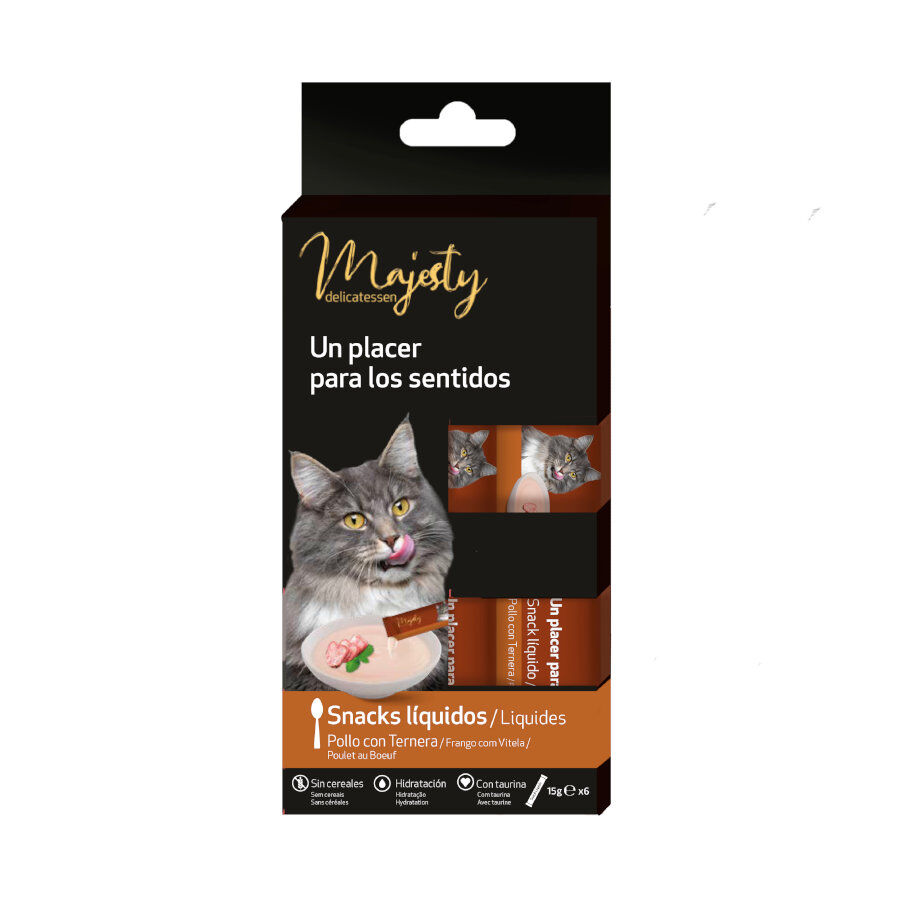 6 saquetas x 15 g Majesty Petisco l&iacute;quido para gatos Chicken com Carne, , large Imagem n&uacute;mero 2