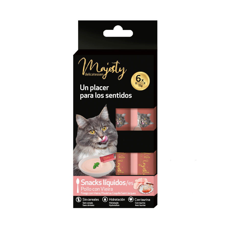 6 saquetas x 15 g Majesty Snack l&iacute;quido Chicken and Scallop para gatos, , large Imagem n&uacute;mero 2