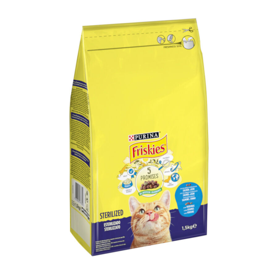1.5 kg Purina Friskies Sterilized Ra&ccedil;&atilde;o para gatos com salm&atilde;o, at&uacute;m e verduras, , large Imagem n&uacute;mero 2
