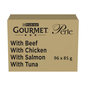 Gourmet Perle Delicias em Molho de  Salmão, Frango, Atúm e Vitela Saqueta para gatos 