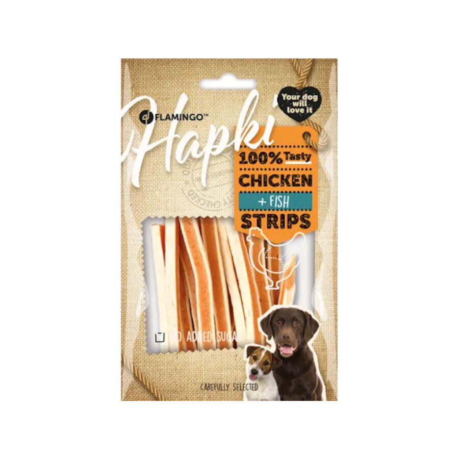 85 g Flamingo Hapki Tiras de de Frango e Peixe para C&atilde;es, , large Imagem n&uacute;mero 1