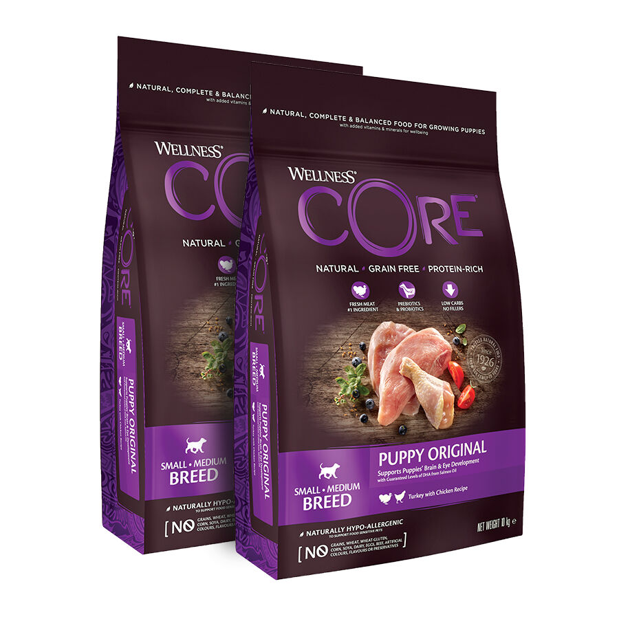 2 x 10 kg Wellness Core Puppy Small/Medium Frango e Peru ra&ccedil;&atilde;o para c&atilde;es Pack poupan&ccedil;a!, , large Imagem n&uacute;mero 1