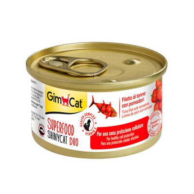 Gimcat Super Food Shiny Cat Duo atum e tomate lata para gatos