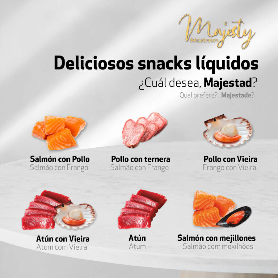 6 saquetas x 15 g Majesty Snack L&iacute;quido de Atum com Vieira para gatos, , large Imagem n&uacute;mero 3