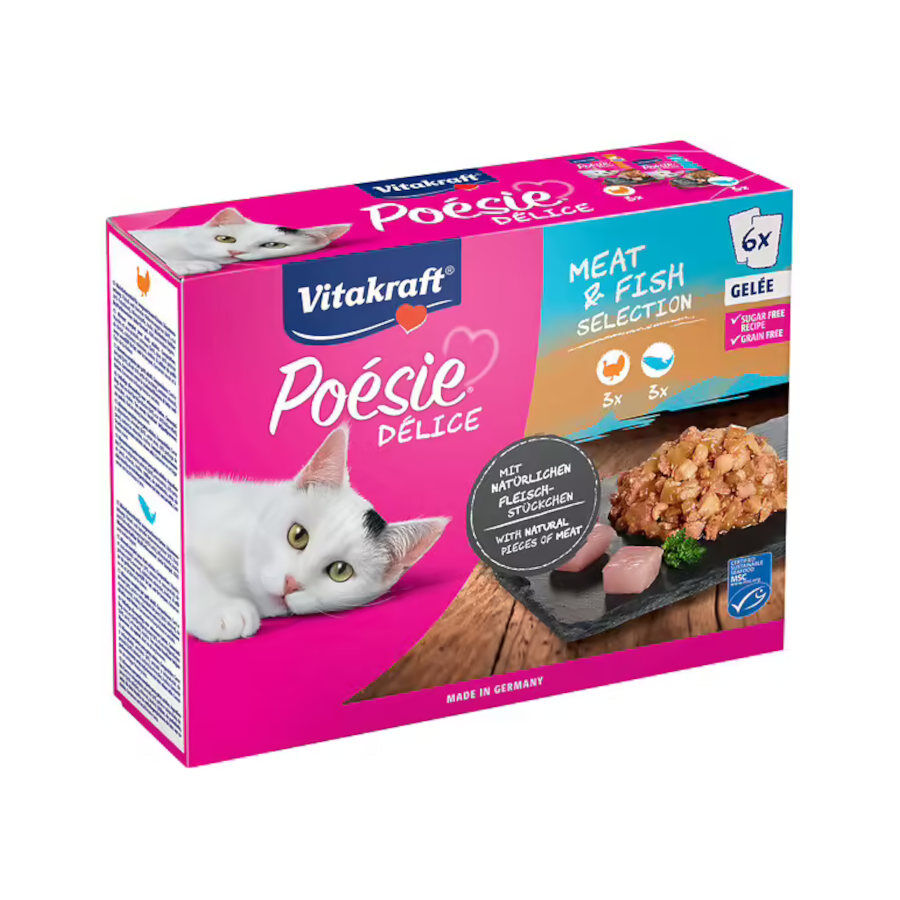 24 saquetas x 85 g Vitakraft Po&eacute;sie D&eacute;lice Sach&ecirc; de Gel&eacute;ia Sele&ccedil;&atilde;o de Carne e Peixe para gatos Pack Poupan&ccedil;a!, , large Imagem n&uacute;mero 1