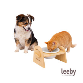 Leeby Comedouro Elevado de Madeira e Cer&acirc;mica para c&atilde;es e gatos