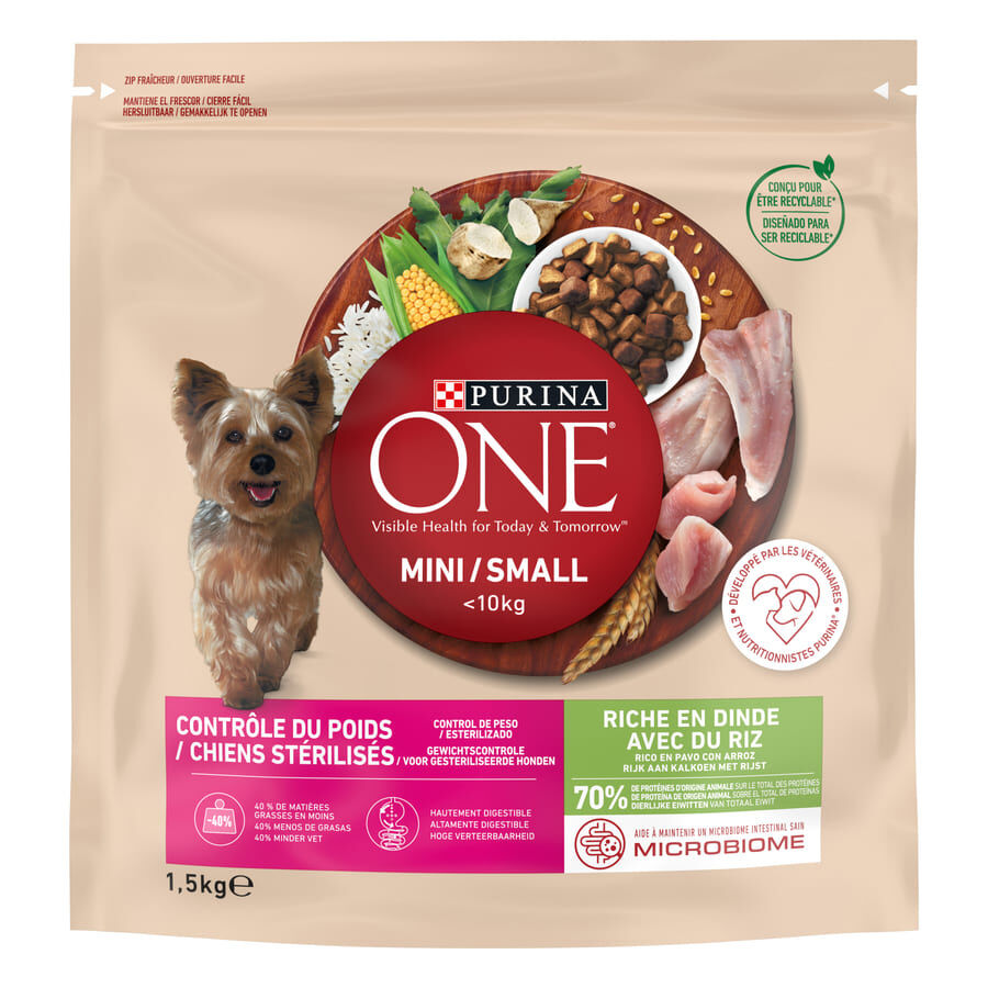 1.5 kg Purina One Adult Mini Weight Control Sterilised Peru e Arroz ra&ccedil;&atilde;o para c&atilde;es, , large Imagem n&uacute;mero 1