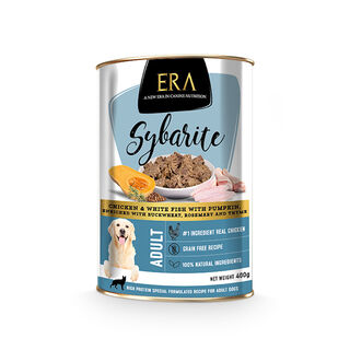 Era Sybarite Adulto Frango, Peixe e Abóbora patê em lata para cães 