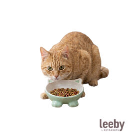 Leeby Comedouro de Cer&acirc;mica Branco e Verde com Orelhinhas para gatos