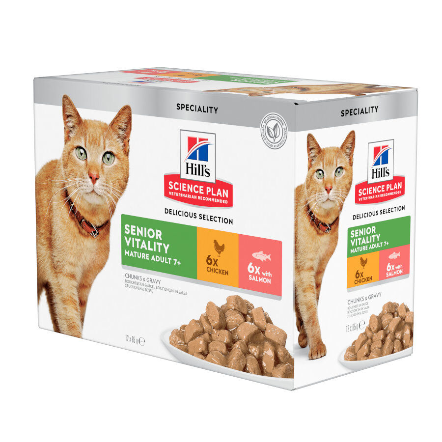 12 saquetas x 85 g Hill's Science Plan Senior Vitality Sach&ecirc; de frango e salm&atilde;o em molho para gatos, , large Imagem n&uacute;mero 1