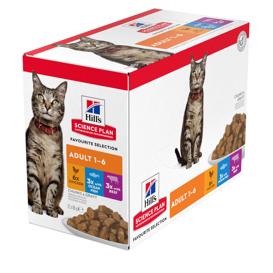 24 saquetas x 85 g Hill's Science Plan Adult Frango, Peixe Azul e Carne em Molho para Gatos Pack poupan&ccedil;a!, , large Imagem n&uacute;mero 1