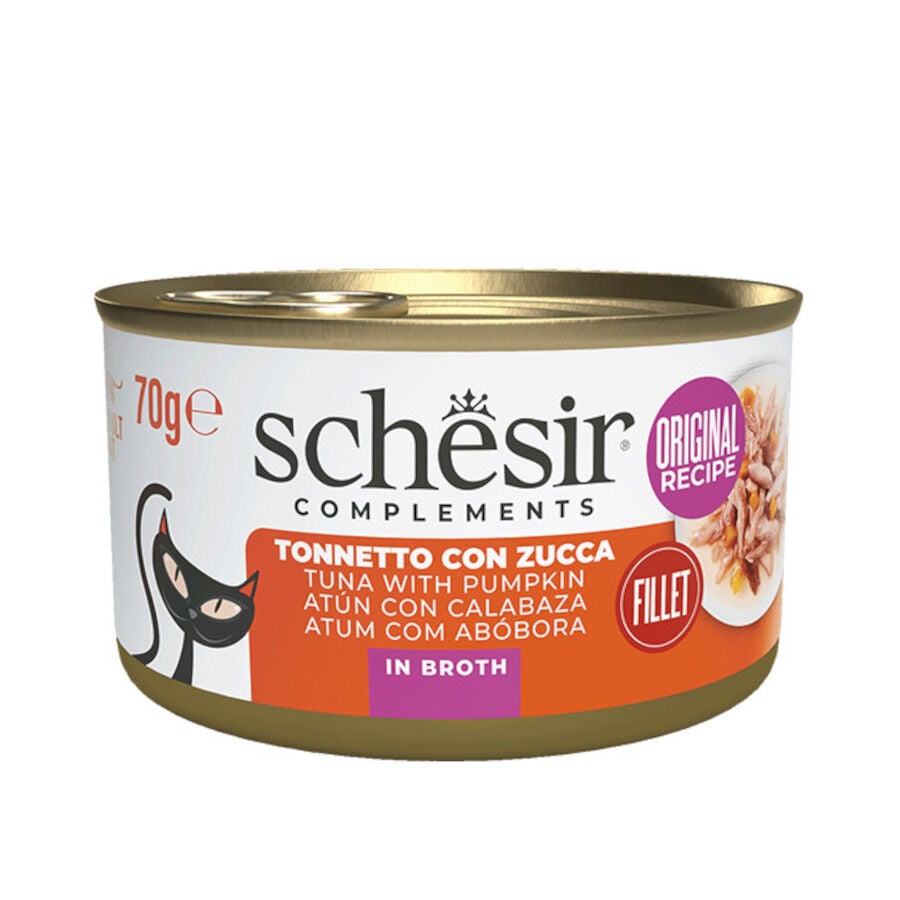 12 latas x 70 g Schesir Bife de Atum com Ab&oacute;bora e Caldo de Peixe lata para gatos Pack poupan&ccedil;a!, , large Imagem n&uacute;mero 1