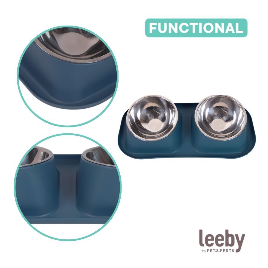 Leeby Comedouro Duplo de Metal Azul para c&atilde;es, , large Imagem n&uacute;mero 3