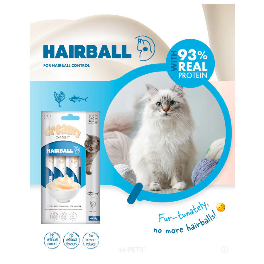 4 sobres x 15 g M-Pets Creamy Bolas de Pelo At&uacute;n y Pollo snack para gatos, , large Imagem n&uacute;mero 4