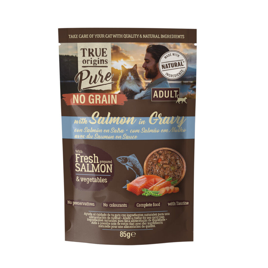 85 g True Origins Pure No Grain Comida h&uacute;mida de salm&atilde;o am saqueta para gatos, , large Imagem n&uacute;mero 1