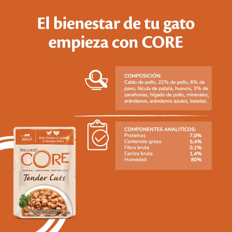 85 g Wellness Core Tender Cuts frango e peru em molho saquetas para gatos,  Imagem número 4  85 g Wellness Core Tender Cuts frango e peru em molho saquetas para gatos, , large Imagem número 4