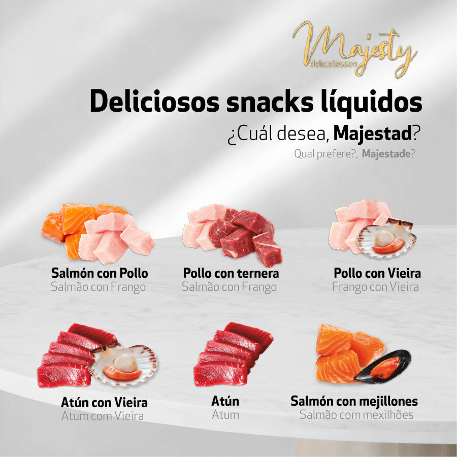 6 saquetas x 15 g Majesty Salm&atilde;o com Frango snack l&iacute;quido para gatos, , large Imagem n&uacute;mero 3