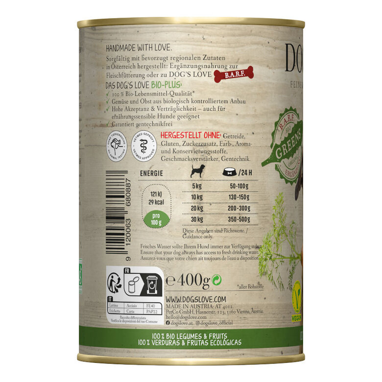 400 g Dog's Love Adulto Bio Greens Vegan lata para cães,  Imagem número 2 400 g Dog's Love Adulto Bio Greens Vegan lata para cães, , large Imagem número 2