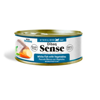 Lata de peixe branco sem grãos esterilizados Dibaq Sense com vegetais para gatos