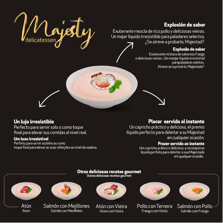 6 saquetas x 15 g Majesty Snack l&iacute;quido Chicken and Scallop para gatos, , large Imagem n&uacute;mero 4