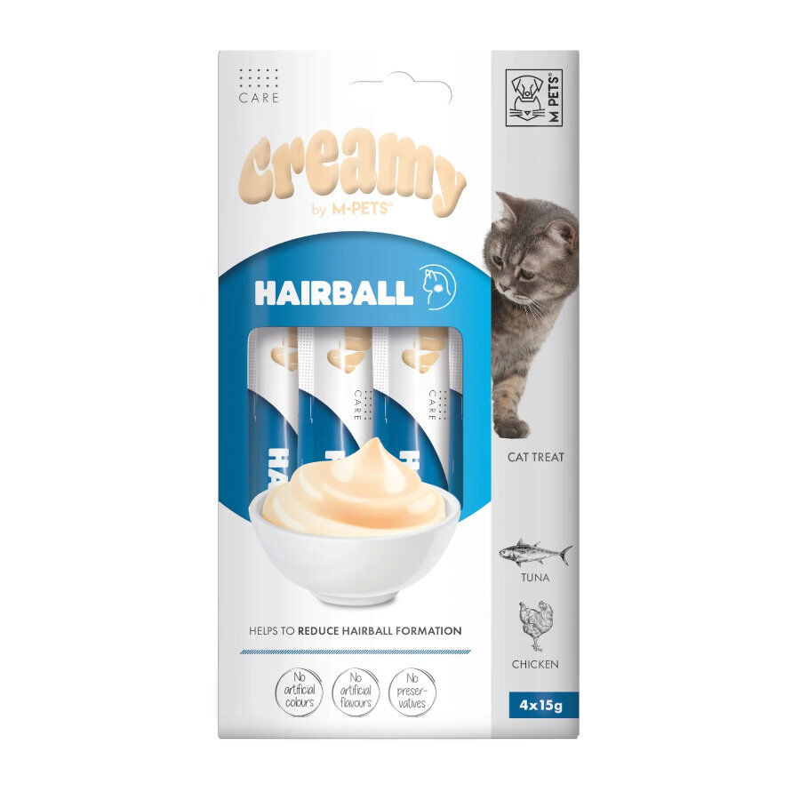 4 sobres x 15 g M-Pets Creamy Bolas de Pelo At&uacute;n y Pollo snack para gatos, , large Imagem n&uacute;mero 3