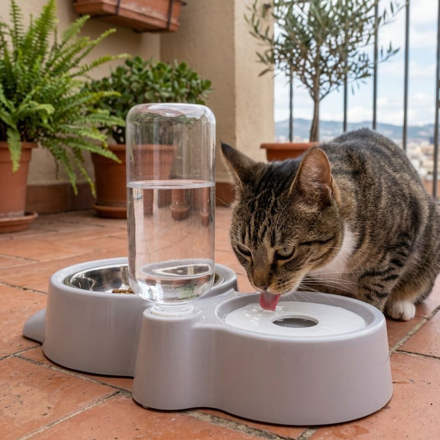 Leeby Comedouro e Dispensador de &Aacute;gua 2 em 1 em A&ccedil;o Inoxid&aacute;vel Cinzento para gatos, , large Imagem n&uacute;mero 1