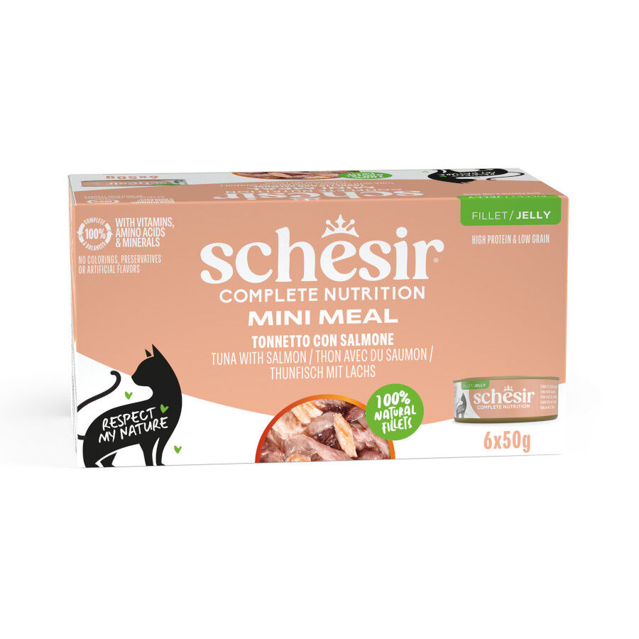Schesir Mini Meal Comida h&uacute;mida de atum com salm&atilde;o Multipack para gatos, , large Imagem n&uacute;mero 1