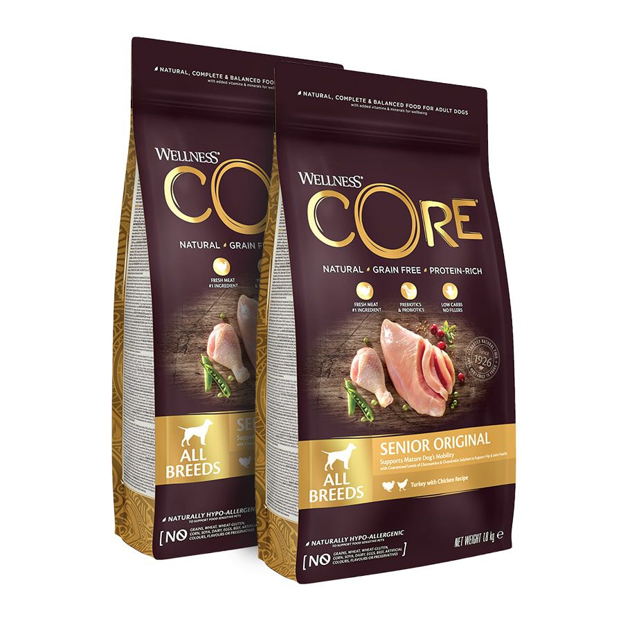 2 x 1.8 kg Wellness Core Senior Frango e Peru ra&ccedil;&atilde;o para c&atilde;es  Pack poupan&ccedil;a!, , large Imagem n&uacute;mero 1
