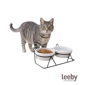 Leeby Comedouro Duplo de Cer&acirc;mica Branco para gatos